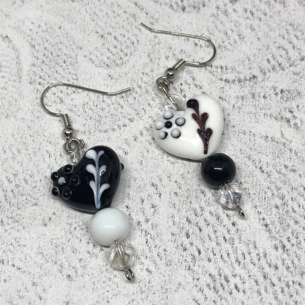 Romantic boho style heart art glass statement earrings dangle drop.